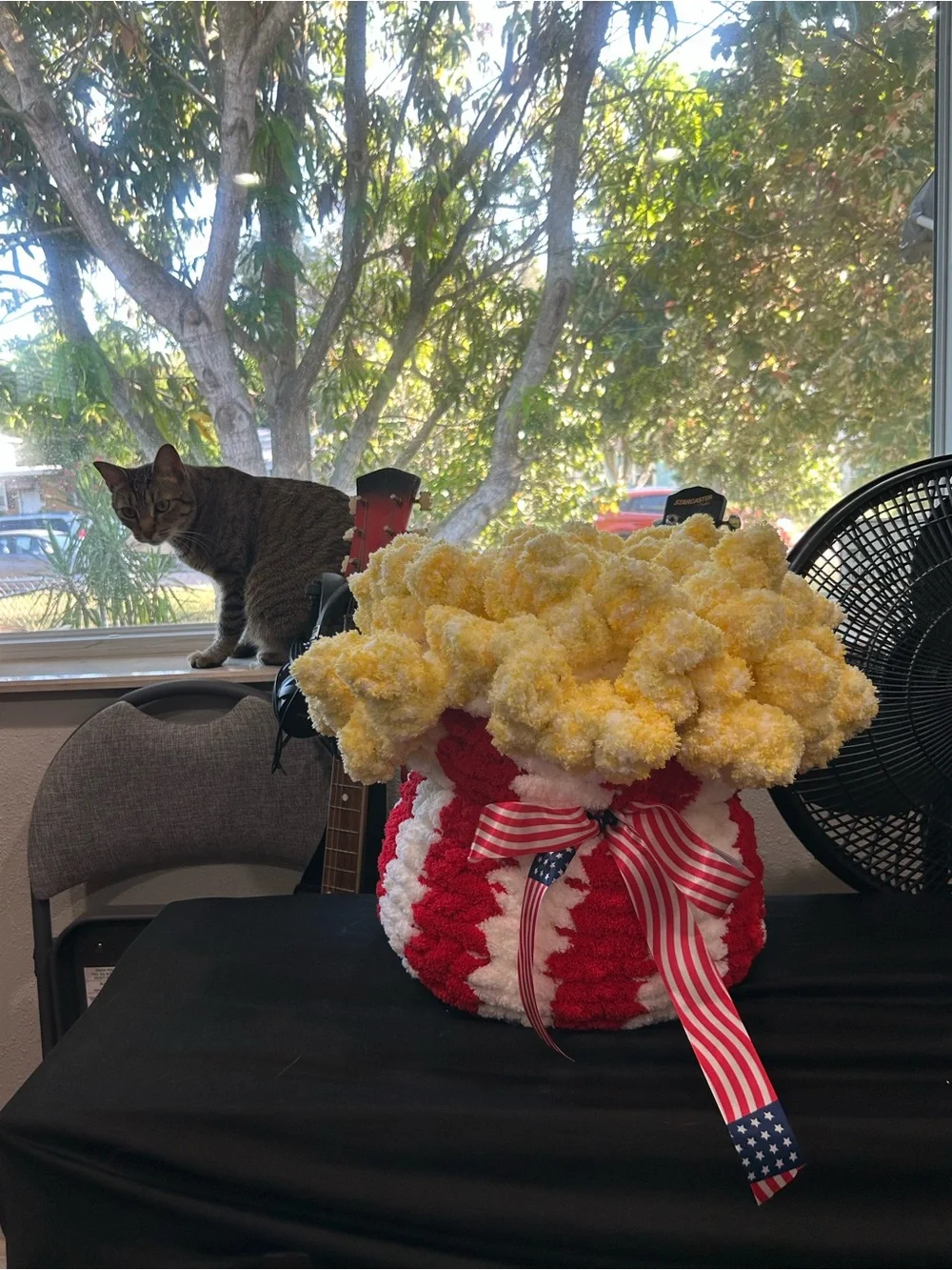 Hand Crafted Red White & Yellow Pom-Pom Decorative Throw Accent